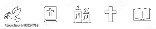 Dove of Peace, Holy Bible, Candle, Cross, Open Bible, Religion, Faith, Christian, Worship, Spirituality, Peace, Church, Holy Book, Digital Line Icons