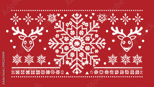 Festive white nordic pattern featuring reindeer and snowflake motifs on red
