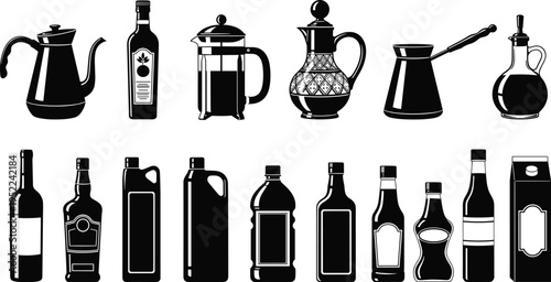 Collection of kitchen bottle and container silhouettes featuring beverage bottles, oil jars, coffee pots, drink cartons and household liquid packaging shapes