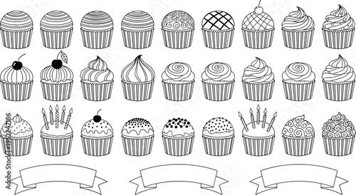 Cupcake outline collection set, hand drawn bakery dessert illustrations, sweet frosting cupcake designs, pastry line art icons isolated