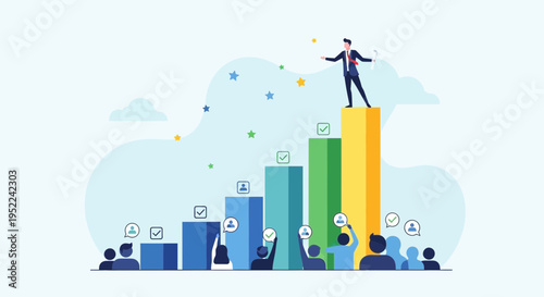 Vector illustration of business success concept with man on top of bar chart