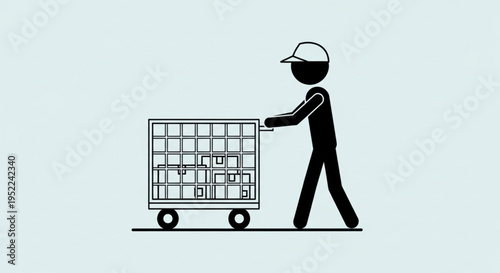 Stick figure pushing a shopping cart filled with boxes.