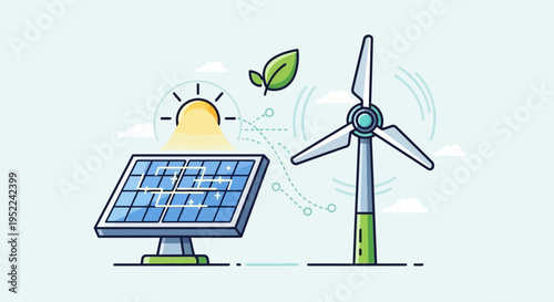 Renewable energy icons set with solar panel and wind turbine vector