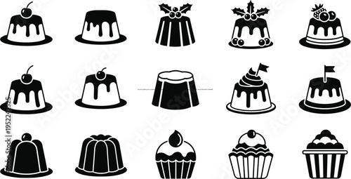 Dessert pudding and cupcake icons set, sweet bakery treats collection, cake silhouettes, pastry food symbols, vector illustration isolated
