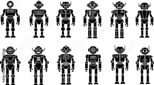 Collection of retro robot silhouettes in various futuristic designs, perfect for sci-fi themes, technology graphics, artificial intelligence concepts and creative illustration projects