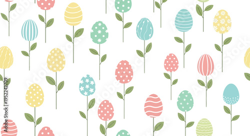 Seamless pattern with cute easter eggs stems like flowers, spring holiday, pastel colors, decorative design