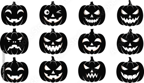 Halloween pumpkin jack o lantern faces set, spooky carved pumpkin silhouettes, scary expressions, autumn holiday design elements, vector collection isolated