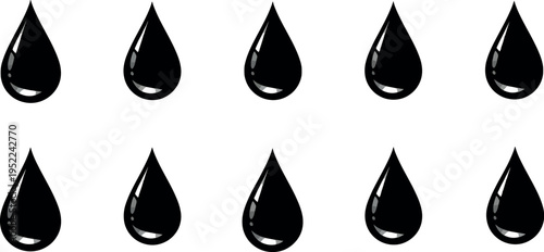 Set of 10 black oil drop icons vector for energy, fuel, and petroleum industry designs
