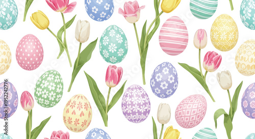 Easter seamless pattern with colorful decorated eggs and tulips, spring holiday, watercolor hand drawn illustration