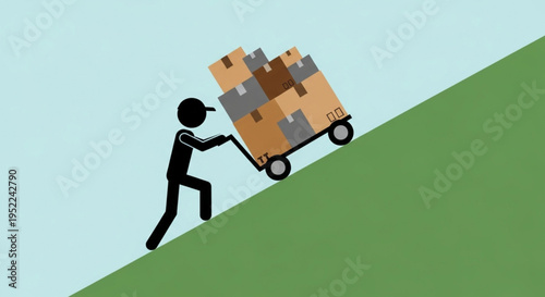Stick figure pushing heavy boxes up a steep hill on a cart.