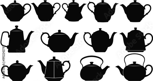 Collection of teapot and kettle silhouettes in various classic shapes, perfect for tea design themes, kitchen graphics, vintage cookware and beverage illustrations