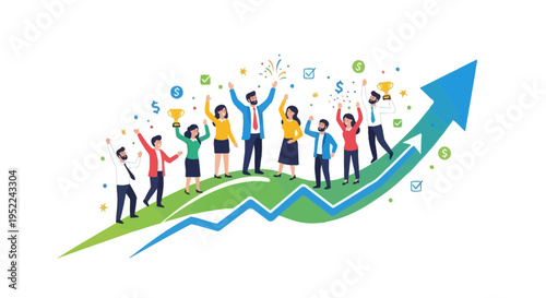 Vector illustration of 7 people celebrating on growing graph with arrow