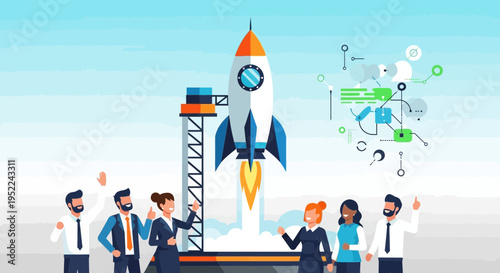 Vector illustration of business team launching rocket