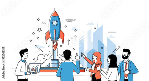 Vector illustration of business team launching rocket