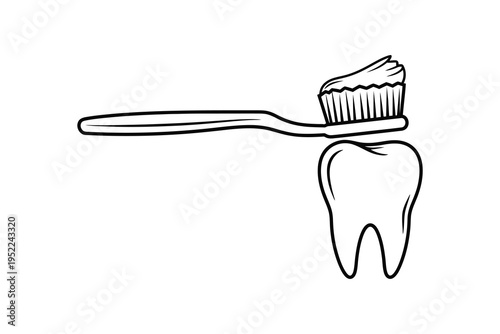 A line drawing of a tooth with a toothbrush on top, symbolizing oral hygiene and dental care.