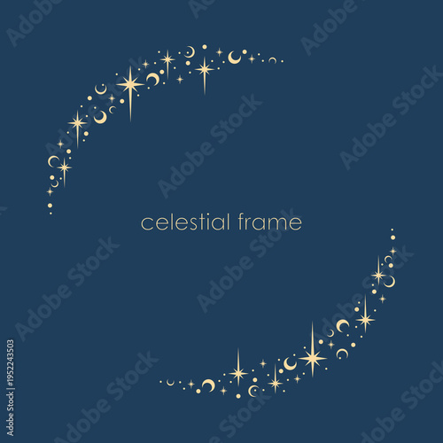 Magic blue vector frame with moon, stars. Mystic frame for tarot, esoteric, astrology design. Template for poster and prints.