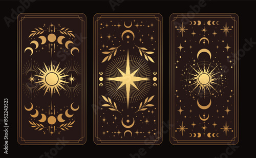 Magic astrology gold cards. Vintage mystic tarot cards, stars and crescents magical symbols, magic occult cards illustration set.