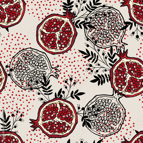 Garnet sketch pattern. Decorative fruits seamless pattern on light vintage background. 