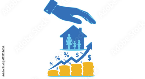 A protective hand over a family and home with rising financial growth