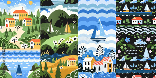 Quaint illustrated scenes featuring coastal landscapes and charming seaside villages
