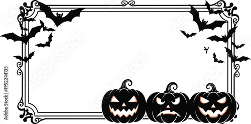 halloween, frame, border, pumpkins, bats, spooky, jack, o, lantern, banner, template, autumn, october, horror, decoration, creepy, black, silhouette, festive, background