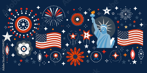 A patriotic illustration featuring the statue of liberty and fireworks