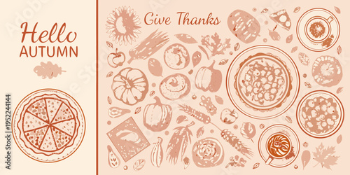 Autumn themed illustration with food foliage and handwritten text