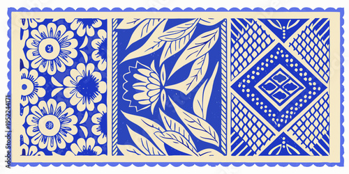 Blue and white floral and geometric pattern within a decorative frame