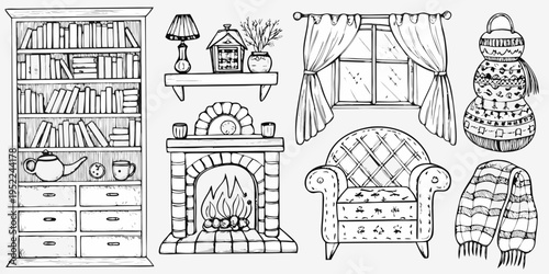 Hand drawn sketch of cozy interior elements and decorative objects