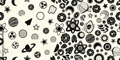 Whimsical black and white pattern of planets stars and celestial doodles