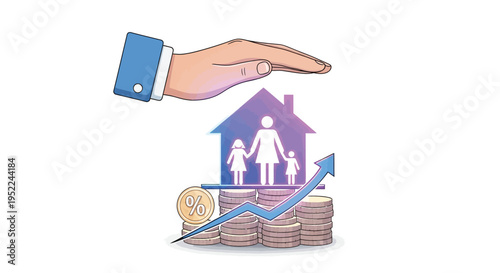 A hand protects a family and home over a growing financial foundation
