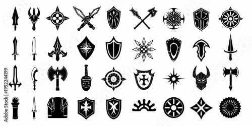 Collection of medieval weaponry and shields in black and white