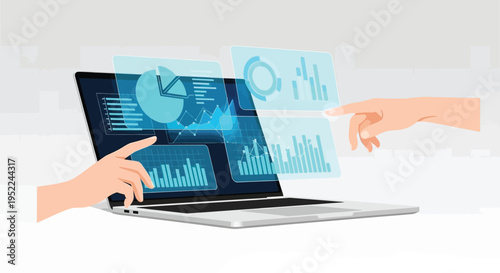 A laptop displays data visualizations with a hand interacting with projections
