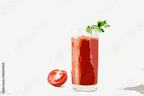 A vibrant illustration of a classic bloody mary cocktail with garnish