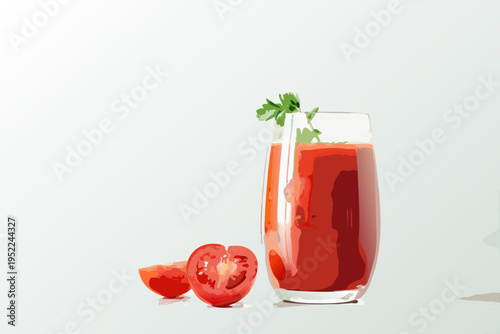 A vibrant illustration of a bloody mary cocktail with a tomato garnish