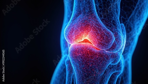 Knee joint inflammation medical scan glowing red blue 3D illustration pain concept