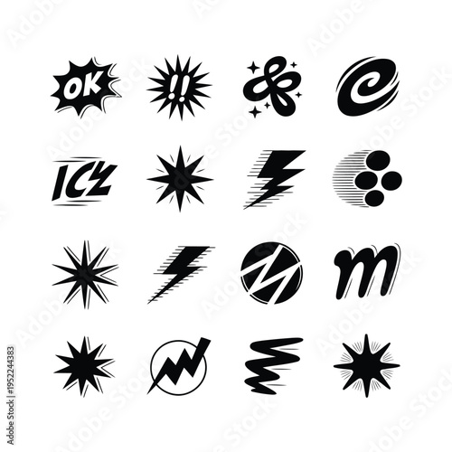 A collection of black comic book style sound effect icons and illustrations