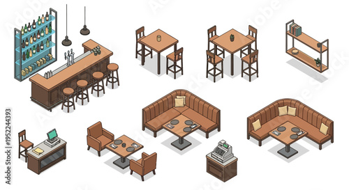 Isometric view of a detailed pub or bar interior with furniture