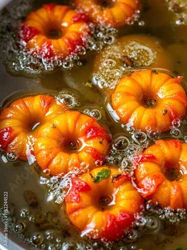 shot of colorful Fryums being deep fried in hot oil bubbling and sizzling with bubbles forming and size increasing of this popular north indian snack and street food