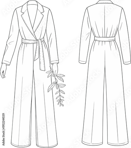 Flat vector CAD drawing of women’s belted jumpsuit with lapel collar, full length wide leg, fashion technical illustration