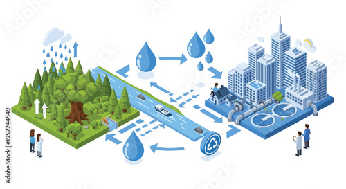 The water cycle illustrates purification and distribution from nature to city