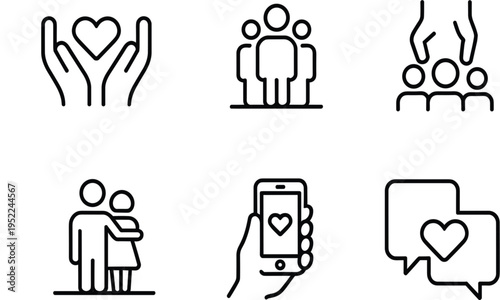 Community and social care vector icon set with heart, people, support and communication symbols