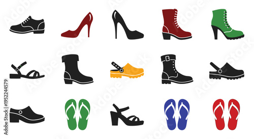 Collection of various footwear silhouettes in a flat design style