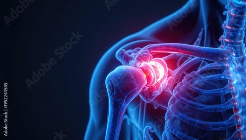 3D medical illustration of glowing shoulder joint pain and inflammation in dark blue background