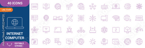 Internet computer icon set. Containing online, computer, network, website, server, web design, hardware, software, programming and etc. Editable stroke.