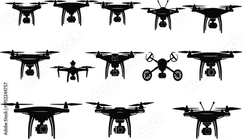 Drone silhouettes vector icon set quadcopter aerial technology
