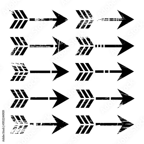 Arrow icon set with various black silhouettes and grunge effects