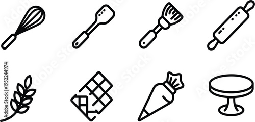 Bakery and pastry cooking vector icon set with whisk, rolling pin, chocolate and piping bag