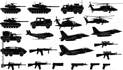 Army military silhouette collection vehicles weapons vector icons