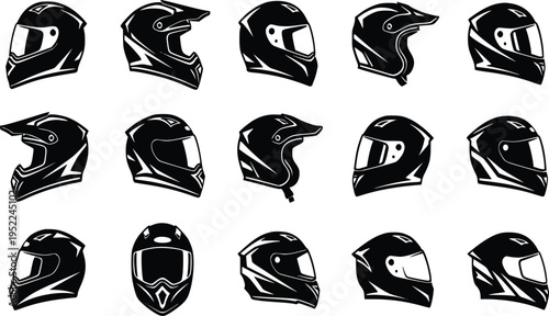 Motorcycle helmet silhouettes racing motorbike safety gear vector set